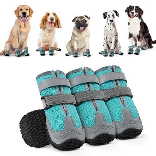 OHCOZZY Hundeschuhe mit reflektierenden Riemen, hohe Hundestiefel wasserdicht, Anti-Rutsch verschleißfeste Gummisohle Hundeschuhe Pfotenschutz fürkleine, mittlere und große Hunde(L, Blau) von OHCOZZY