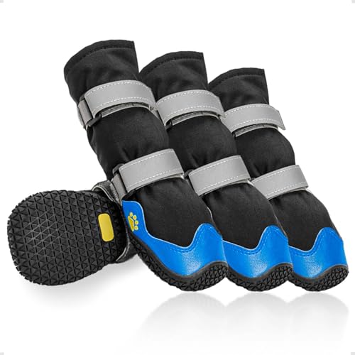 OHCOZZY Hundeschuhe mit reflektierenden Riemen, hohe Hundestiefel wasserdicht, Anti-Rutsch verschleißfeste Gummisohle Hundeschuhe Pfotenschutz fürkleine, mittlere und große Hunde(Größe S, Blau) von OHCOZZY