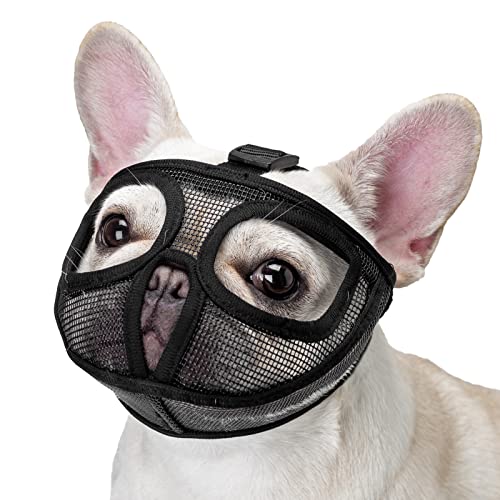 Ohcozzy Maulkorb mit kurzer Schnauze, verstellbar, bedeckt die Augen nicht, Netzstoff, Bulldogge, Maulkorb zum Beißen, Kauen, Lecken (XL, schwarz) von OHCOZZY