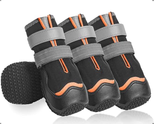Ohcozzy Wasserdicht Hundeschuhe, Anti-Rutsch Hundestiefel mit reflektierenden Riemen, Verschleißfeste Gummisohle Hundeschuhe Pfotenschutz fürkleine, Mittlere und Große Hunde 4 Stück(L, Orange) von OHCOZZY