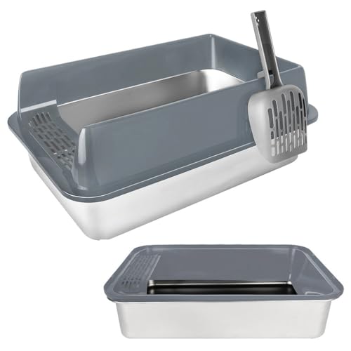 Katzentoilette für Katzen, große Katzentoilette aus Edelstahl für XXL und Kaninchen, nimmt keine Gerüche auf, schmutzabweisend, rostfrei, glatte Oberfläche, antihaftbeschichtet, mit Schaufel (grau, 50 von OHMG