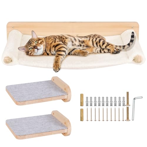 Kletterwand Katzen inkl,2X Katzentreppe Wand,Massivholz,Kratzbaum Wand,Hängematte Katze,Katzenwand,Wandkratzbaum,Katzenmöbel,Katzen Kletterwand (61 * 40 * 15cm) von OHMG