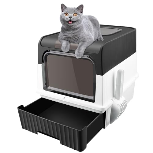 OHMG Geschlossene Katzentoilette, Große Faltbare Katzentoilette, mit Dachfenster, abnehmbares Tablett und Schaufel,Katzentoilette mit Deckel von OHMG