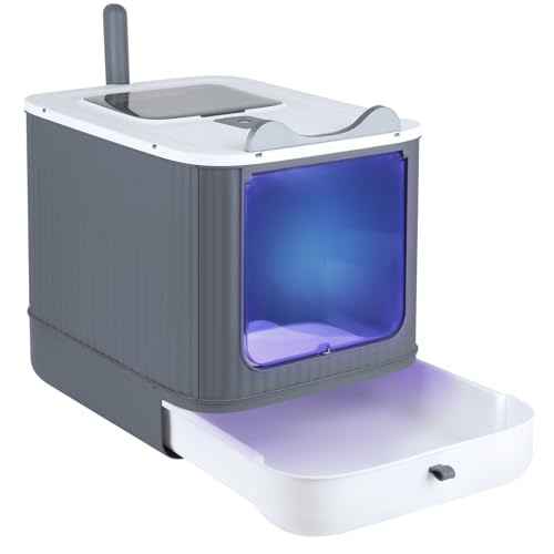 OHMG Geschlossene Katzentoilette, UV-Desinfektion, Große Faltbare Katzentoilette, mit Dachfenster, abnehmbares Tablett und Schaufel,Katzentoilette mit Deckel von OHMG