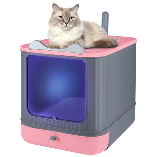 OHMG Geschlossene Katzentoilette, UV-Desinfektion, Große Faltbare Katzentoilette, mit Dachfenster, abnehmbares Tablett und Schaufel,Katzentoilette mit Deckel von OHMG