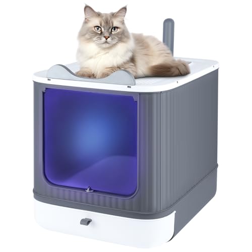 OHMG Geschlossene Katzentoilette, UV-Desinfektion, Große Faltbare Katzentoilette, mit Dachfenster, abnehmbares Tablett und Schaufel,Katzentoilette mit Deckel von OHMG