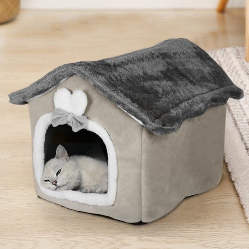 OHMG Katzenbett große Katzen Katzenhöhle,Plüsch Katzenhaus Indoor mit abnehmbarem Katzenkissen,Katzen Bettchen waschbar (Braun, 42 * 34 * 38cm) von OHMG
