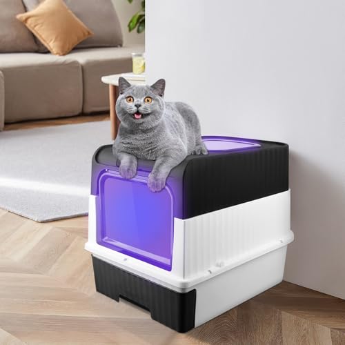 OHMG Katzenklo,Katzentoilette,mit Deckel,UV-Desinfektion,ausziehbares Tablett,Schaufel,Bürste,geräumig für Katzen bis 15 kg,Anti-Geruch Doppeltürige Katzentoilette mit Deckel OHMG Katzenklo,Katzentoilette,mit Deckel,UV-Desinfektion,ausziehbares Tablett,Schaufel,Bürste,geräumig für Katzen bis 15 kg,Anti-Geruch Doppeltürige Katzentoilette mit Deckel von OHMG