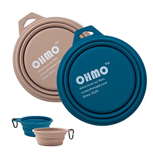 OHMO Faltbare Hundenapf, (2 Stück 400ml, Blau&Beige) Premium Silikon Haustier Wassernapf für Katzen & Hunde, Tragbare Hundereise-Napf Faltbar für Outdoor Camping Wandern von OHMO