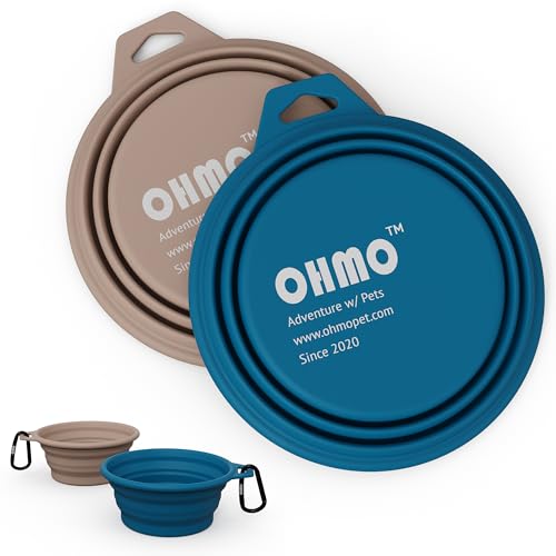 OHMO Faltbare Hundenapf, (2 Stück 400ml, Blau&Beige) Premium Silikon Haustier Wassernapf für Katzen & Hunde, Tragbare Hundereise-Napf Faltbar für Outdoor Camping Wandern von OHMO