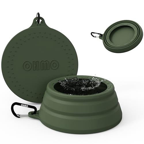 OHMO Faltbarer Hundenapf Anti Tip Over breite Basis kleine Öffnung, Reisenapf Hund, Weniger Spritzer Verschütten Tragbare Pet Bowl für Road Trip, Katze Reisezubehör (700ml, Camouflage-Grün) von OHMO