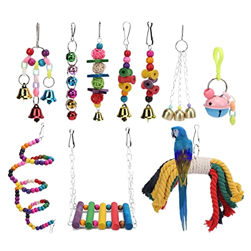 10-teiliges Vogel- und Papageienspielzeug, hängendes Kauspielzeug-Set aus Holz mit Glocken und Holzperlen, hölzernes Kauspielzeug für Papageien, Sittiche, Nymphensittiche, 10-teiliges Vogel- und Papageienspielzeug, hängendes Kauspielzeug-Set aus Holz mit Glocken und Holzperlen, hölzernes Kauspielzeug für Papageien, Sittiche, Nymphensittiche, von OKJHFD