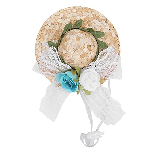 Haustier Sombrero Hut, Mini Strohhut Haustiere Geburtstagsfeier Hüte mit Blumen, Welpenkostüm Strohhut für kleine und mittlere Hunde/Katzen (White, Blue and Green Flowers XS) von OKJHFD