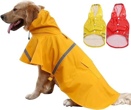 OKJHFD 2 x wasserdichter Hunde-Regenmantel, kann angepasst werden, reflektierend, leicht, Haustier-Regenkleidung mit Poncho-Kapuze, mit reflektierenden Sicherheitsstreifen, Rot / Gelb (L) von OKJHFD