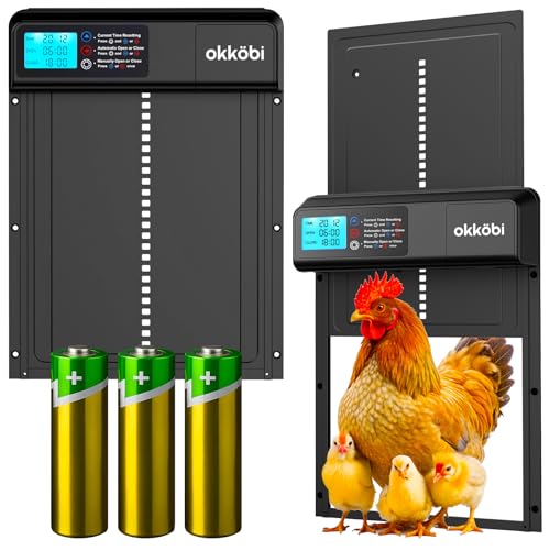 Okköbi Automatische Hühnerklappe – Coop Door Lite – Batteriebetrieben (inkl. 3X AA) – Timer & Manueller Modus – Großes LCD-Display – Anti-Klemmschutz – Öffnung 28x24cm von OKKÖBI