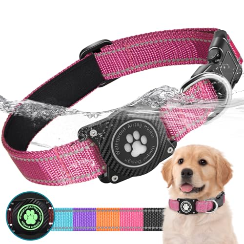 OKVSKO Airtag Hundehalsband, Nylon-Halsband mit wasserdichtem Airtag-Halter, leuchtend, reflektierend, verstellbar, für kleine, mittelgroße und große Hunde, Rot mit Futter, M von OKVSKO