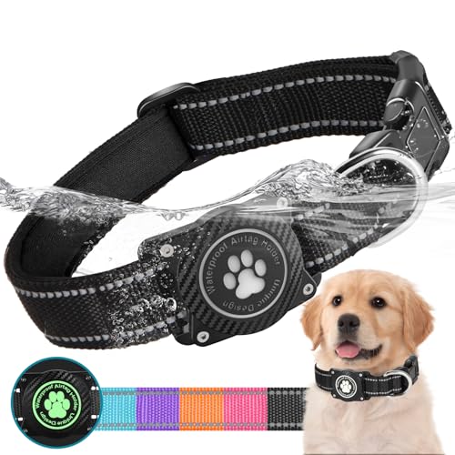 OKVSKO Airtag Hundehalsband, Nylon-Halsband mit wasserdichtem Airtag-Halter, leuchtend, reflektierend, verstellbar, für kleine, mittelgroße und große Hunde, Schwarz mit Futter, L von OKVSKO