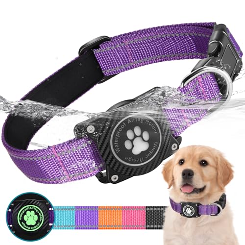 OKVSKO Airtag Hundehalsband, Nylon-Halsband mit wasserdichtem Airtag-Halter, leuchtend, reflektierend, verstellbar, für kleine, mittelgroße und große Hunde, Violett mit Futter, M von OKVSKO