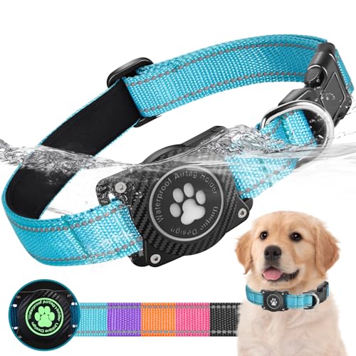 OKVSKO Airtag Hundehalsband, Nylon-Halsband mit wasserdichtem Airtag-Halter, leuchtend, reflektierend, verstellbar, für kleine, mittelgroße und große schwere Hunde, Blau mit Futter, L von OKVSKO