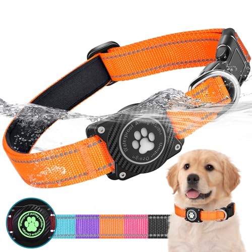 OKVSKO Airtag Hundehalsband, Nylon-Halsband mit wasserdichtem Airtag-Halter, leuchtend, reflektierend, verstellbar, für kleine, mittelgroße und große schwere Hunde, Orange mit Futter, M von OKVSKO