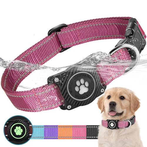 OKVSKO Airtag Hundehalsband, Nylon-Halsband mit wasserdichtem Airtag-Halter, leuchtend, reflektierend, verstellbar, für kleine, mittelgroße und große schwere Hunde, Rot, S von OKVSKO