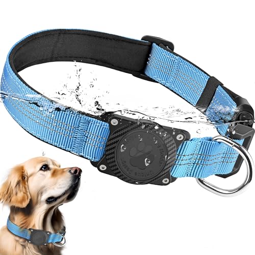 OKVSKO Airtag Hundehalsband, wasserdicht, Airtag-Halter, Hundehalsband, reflektierend, bequem, gepolstert, verstellbares Haustierhalsband für kleine, mittelgroße und große schwere Hunde, Blau ohne von OKVSKO