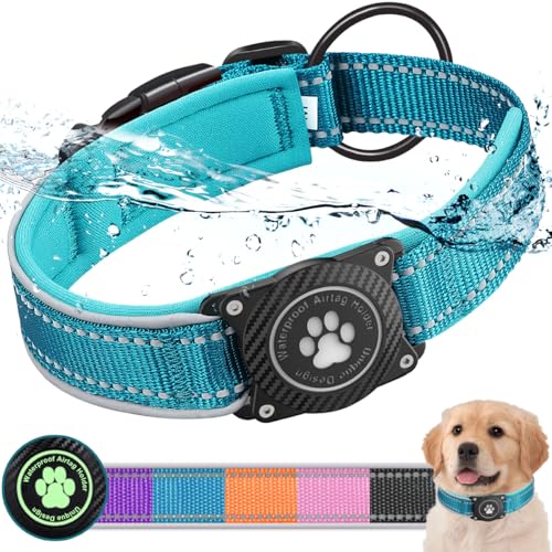 OKVSKO Airtag Hundehalsband mit wasserdichtem Airtag-Halter, leuchtend reflektierend, weich gepolstertes, verstellbares Nylon-Halsband für kleine, mittelgroße und große robuste Hunde, Blau, L von OKVSKO