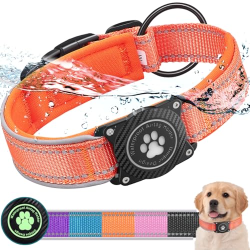 OKVSKO Airtag Hundehalsband mit wasserdichtem Airtag-Halter, leuchtend reflektierend, weich gepolstertes, verstellbares Nylon-Halsband für kleine, mittelgroße und große robuste Hunde, Orange, S von OKVSKO