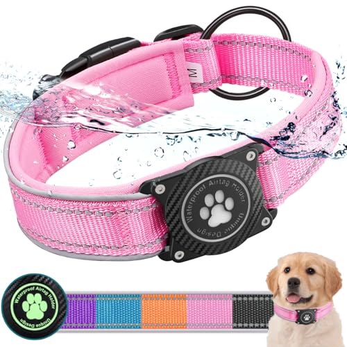 OKVSKO Airtag Hundehalsband mit wasserdichtem Airtag-Halter, leuchtend reflektierend, weich gepolstertes, verstellbares Nylon-Halsband für kleine, mittelgroße und große robuste Hunde, Rosa, L von OKVSKO