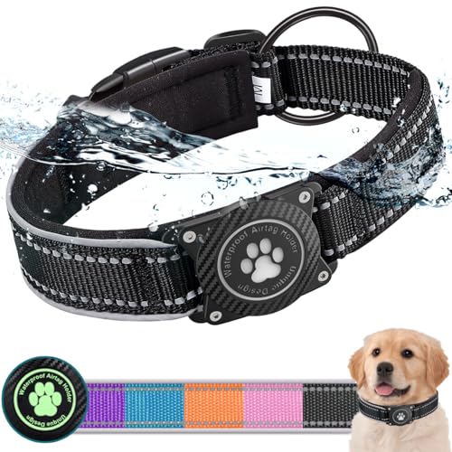 OKVSKO Airtag Hundehalsband mit wasserdichtem Airtag-Halter, leuchtend reflektierend, weich gepolstertes, verstellbares Nylon-Halsband für kleine, mittelgroße und große schwere Hunde, Schwarz, L von OKVSKO