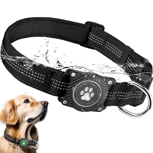 OKVSKO OKVSKO Airtag Hundehalsband, wasserdicht, mit Airtag-Halter, leuchtend und reflektierend, bequem gepolstert, verstellbares Haustierhalsband für kleine, mittelgroße und große schwere Hunde, von OKVSKO