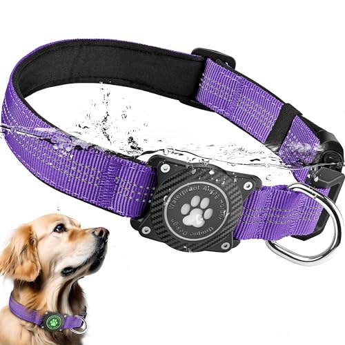 OKVSKO OKVSKO Airtag Hundehalsband, wasserdicht, mit Airtag-Halter, leuchtend und reflektierend, bequem gepolstert, verstellbares Haustierhalsband für kleine, mittelgroße und große schwere Hunde, von OKVSKO