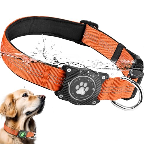 OKVSKO OKVSKO Airtag Hundehalsband, wasserdicht, mit Airtag-Halter, leuchtend und reflektierend, bequem gepolstert, verstellbares Haustierhalsband für kleine, mittelgroße und große schwere Hunde, von OKVSKO