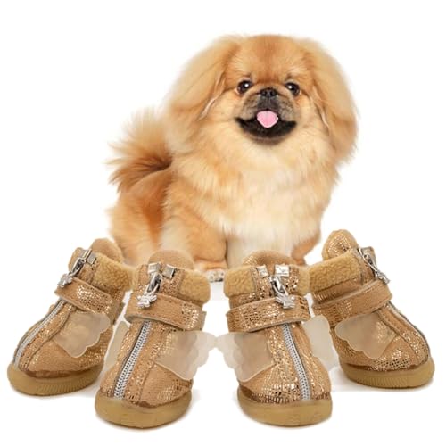 4 x Winterstiefel für Welpen, Pfotenschutz, dicker Reißverschluss, dekorativ, verstellbar: Hundeschuhe, Glitzer, klein, rutschfest, 4 Stück von OLACD