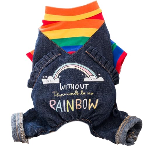 Modischer, dünner Denim-Overall mit Regenbogennähten, Winter-Haustier-Overall, Katze, weiche Kleidung, Welpen-Overall für Haustiere von OLACD