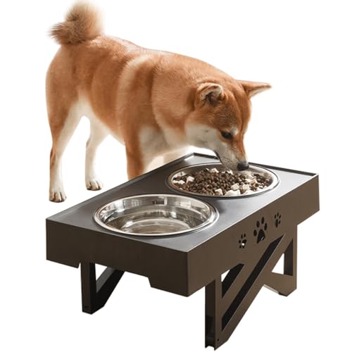 Verstellbares erhöhtes Hundenapf-Set mit 2 Edelstahl-Futternäpfen, abnehmbar, rutschfest, auslaufsicher, auf Kunststoff-Klappständer von OLACD
