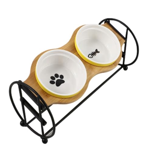 Verstellbares und erhöhtes Futternapf-Set mit Eisenständer für Nackenschutz, 2 Stück Keramik- und Holznapf für Katzen von OLACD
