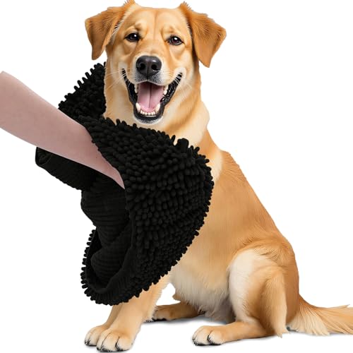 OLANLY Chenille Hunde-Badetuch, 78 x 33 cm, ultra-saugfähig, schnell trocknend, Haustierhandtuch, extra weich, waschbar, Plüsch-Handtuch für große Hunde und Welpen, für drinnen und draußen, Schwarz von OLANLY