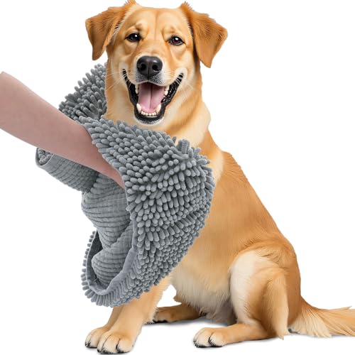 OLANLY Chenille Hunde-Badetuch, ultra-saugfähig, schnell trocknend, extra weich, waschbar, Plüsch-Handtuch für große Hunde und Welpen, für drinnen und draußen, Grau von OLANLY