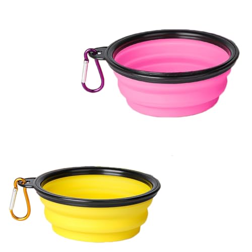 Faltbarer Hundenapf, 2 Stück, tragbarer Futternapf für Katzen und Hunde, mit Kletterschnalle, leicht zu tragen, geeignet für Outdoor-Camping und Reisen, Gelb-Rosa, 350 ml von OLEOJH