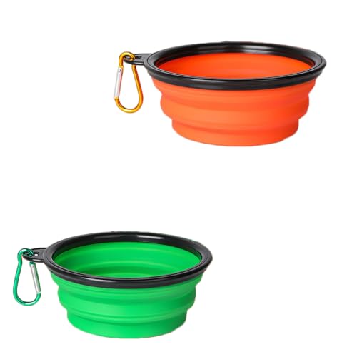 Faltbarer Hundenapf, 2 Stück, tragbarer Futternapf für Katzen und Hunde, mit Kletterschnalle, leicht zu tragen, geeignet für Outdoor-Camping und Reisen, Grün-Orange, 350 ml von OLEOJH