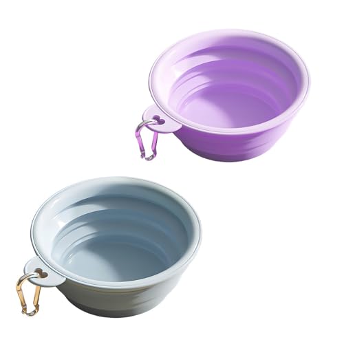 Faltbarer Hundenapf, 2 Stück, tragbarer Futternapf für Katzen und Hunde, mit Kletterschnalle, leicht zu tragen, geeignet für Outdoor-Camping und Reisen, Hellblau-Violett, 350 ml von OLEOJH