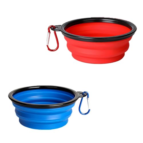 Faltbarer Hundenapf, 2 Stück, tragbarer Futternapf für Katzen und Hunde, mit Kletterschnalle, leicht zu tragen, geeignet für Outdoor-Camping und Reisen, Rotblau, 1000 ml von OLEOJH