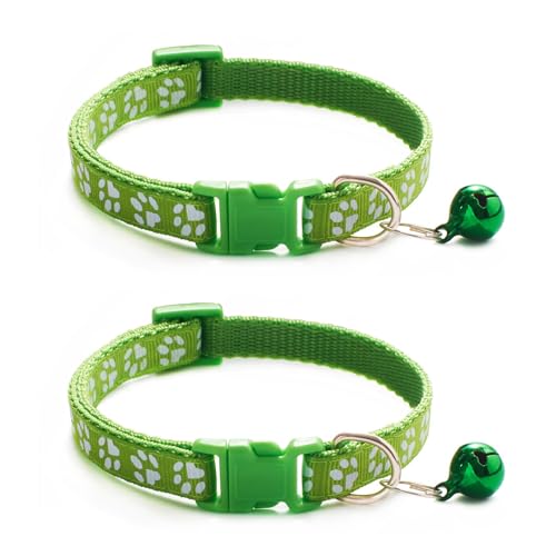 Katzenhalsband mit Glöckchen, Schnellverschluss des Kätzchenhalsbandes, verstellbar, passend für alle Katzen, 19–32 cm, Grün, 2 Stück von OLEOJH