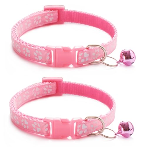 Katzenhalsband mit Glöckchen, Schnellverschluss des Kätzchenhalsbandes, verstellbar, passend für alle Katzen, 19–32 cm, Rosa, 2 Stück von OLEOJH