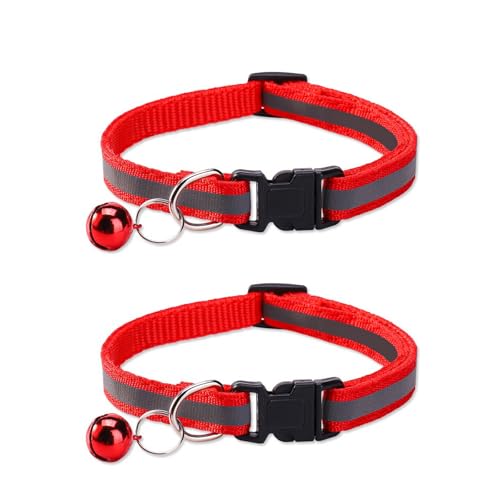 Reflektierendes Katzenhalsband, Schnellverschluss-Gerät mit Glocke, verstellbar, 19–32 cm, geeignet für kleine und mittelgroße Katzen, Rot, 2 Stück Reflektierendes Katzenhalsband, Schnellverschluss-Gerät mit Glocke, verstellbar, 19–32 cm, geeignet für kleine und mittelgroße Katzen, Rot, 2 Stück von OLEOJH