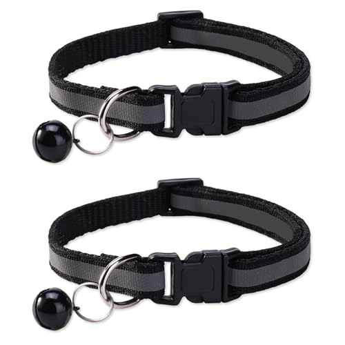 Reflektierendes Katzenhalsband, Schnellverschluss-Gerät mit Glocke, verstellbar, 19–32 cm, geeignet für kleine und mittelgroße Katzen, Schwarz, 2 Stück Reflektierendes Katzenhalsband, Schnellverschluss-Gerät mit Glocke, verstellbar, 19–32 cm, geeignet für kleine und mittelgroße Katzen, Schwarz, 2 Stück von OLEOJH