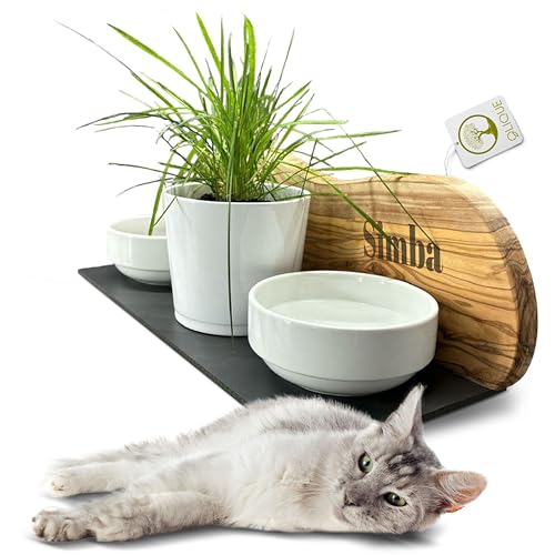 Futterstation personalisiert, Olivenholz - Futterbar mit Gravur, 2 Fressnäpfen und einem Katzengras-Topf für Katzen von OLIQUE