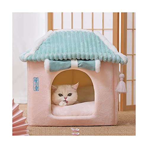 Flauschige Winddichtes und kältebeständiges Katzenhaus Niedliches Premium-Katzenbett in Rosa mit gerolltem Türvorhang, geschlossener Katzenhöhle, waschbarem Hundehaus Waschbar von OLOTU