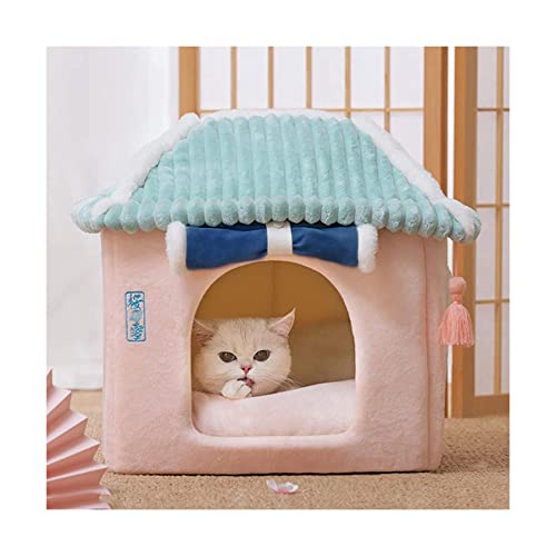 Flauschige Winddichtes und kältebeständiges Katzenhaus Niedliches Premium-Katzenbett in Rosa mit gerolltem Türvorhang, geschlossener Katzenhöhle, waschbarem Hundehaus Waschbar von OLOTU